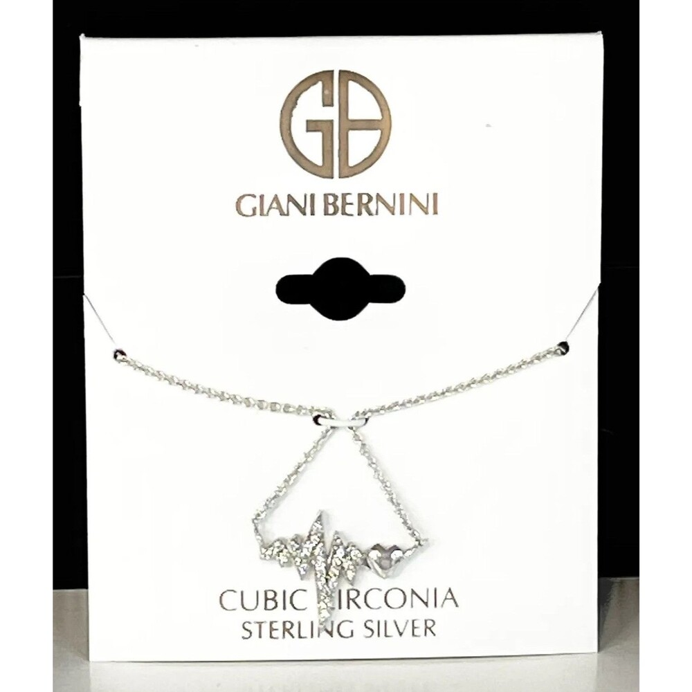 Giani Bernini Heart ECG Necklace 925 Sterling Silver Chain & CZ Stones 16”